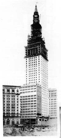 Photograph of Terminal Tower with skeletal steel visible in upper portion