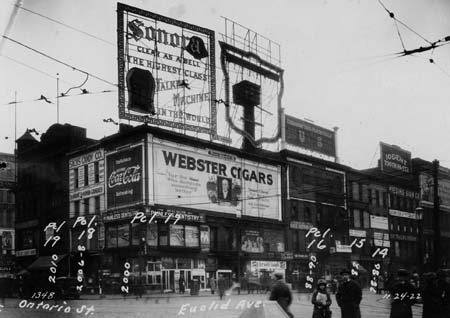 Photo of S.W. corner of Public Square in 1922, showing buildings to be demolished