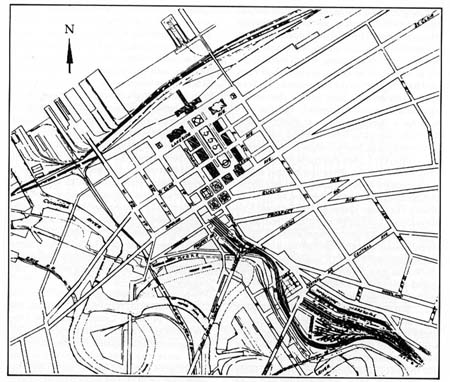 Engineering drawing of track layout in downtown area